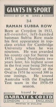 1959 Barratt & Co. Giants in Sports #34 Raman Subba Row Back