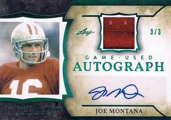 2020 Leaf In The Game Used Sports - In The Game Used Autographs Emerald Foil #GUA-JM1 Joe Montana Front