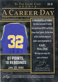 2020 Leaf In The Game Used Sports - A Career Day Relics Navy Blue Foil #CD-18 Karl Malone Back