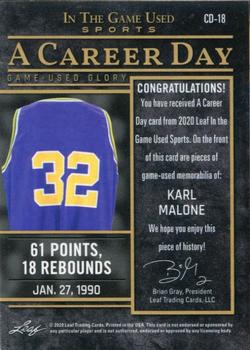2020 Leaf In The Game Used Sports - A Career Day Relics Emerald Foil #CD-18 Karl Malone Back