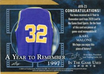 2020 Leaf In The Game Used Sports - A Year to Remember Relics Navy Blue Foil #AYR-23 Karl Malone Back