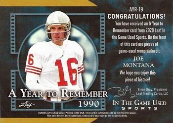 2020 Leaf In The Game Used Sports - A Year to Remember Relics Emerald Foil #AYR-19 Joe Montana Back