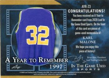 2020 Leaf In The Game Used Sports - A Year to Remember Relics Magenta Spectrum Foil #AYR-23 Karl Malone Back