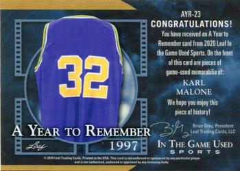 2020 Leaf In The Game Used Sports - A Year to Remember Relics Platinum Blue Spectrum Foil #AYR-23 Karl Malone Back