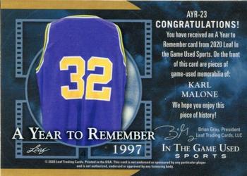 2020 Leaf In The Game Used Sports - A Year to Remember Relics Purple Spectrum Foil #AYR-23 Karl Malone Back