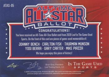 2020 Leaf In The Game Used Sports - All-Time All-Star Ballot Relics Platinum Blue Spectrum Foil #ATAS-05 Johnny Bench / Carlton Fisk / Thurman Munson / Yogi Berra / Gary Carter / Mike Piazza Back