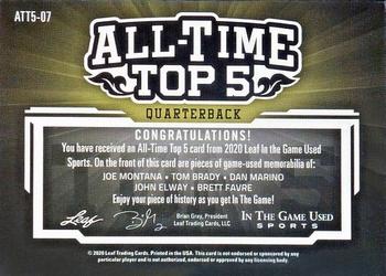 2020 Leaf In The Game Used Sports - All-Time Top 5 Relics Navy Blue Foil #ATT5-07 Joe Montana / Tom Brady / Dan Marino / John Elway / Brett Favre Back