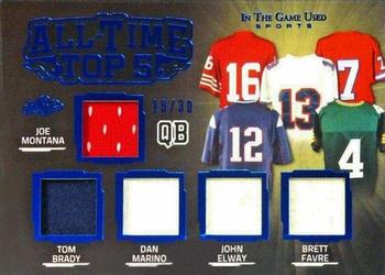 2020 Leaf In The Game Used Sports - All-Time Top 5 Relics Navy Blue Foil #ATT5-07 Joe Montana / Tom Brady / Dan Marino / John Elway / Brett Favre Front