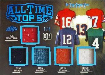 2020 Leaf In The Game Used Sports - All-Time Top 5 Relics Platinum Blue Spectrum Foil #ATT5-07 Joe Montana / Tom Brady / Dan Marino / John Elway / Brett Favre Front