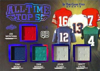 2020 Leaf In The Game Used Sports - All-Time Top 5 Relics Purple Spectrum Foil #ATT5-07 Joe Montana / Tom Brady / Dan Marino / John Elway / Brett Favre Front