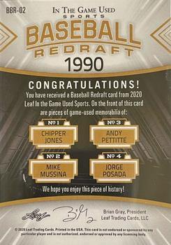 2020 Leaf In The Game Used Sports - Baseball Redraft Relics Navy Blue Foil #BBR-02 Chipper Jones / Mike Mussina / Andy Pettitte / Jorge Posada Back
