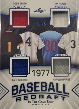 2020 Leaf In The Game Used Sports - Baseball Redraft Relics Navy Blue Foil #BBR-06 Ozzie Smith / Paul Molitor / Tim Raines / Harold Baines Front