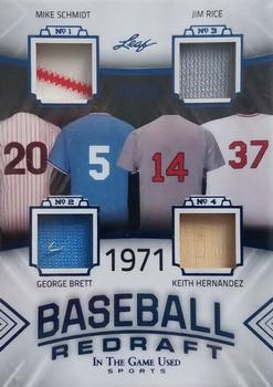 2020 Leaf In The Game Used Sports - Baseball Redraft Relics Navy Blue Foil #BBR-12 Mike Schmidt / George Brett / Jim Rice / Keith Hernandez Front
