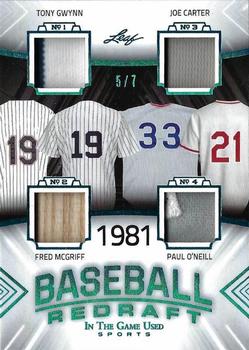 2020 Leaf In The Game Used Sports - Baseball Redraft Relics Platinum Blue Spectrum Foil #BBR-07 Tony Gwynn / Fred McGriff / Joe Carter / Paul O'Neill Front