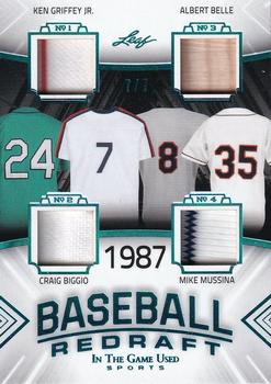 2020 Leaf In The Game Used Sports - Baseball Redraft Relics Platinum Blue Spectrum Foil #BBR-10 Ken Griffey Jr. / Craig Biggio / Albert Belle / Mike Mussina Front