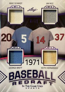 2020 Leaf In The Game Used Sports - Baseball Redraft Relics Purple Spectrum Foil #BBR-12 Mike Schmidt / George Brett / Jim Rice / Keith Hernandez Front