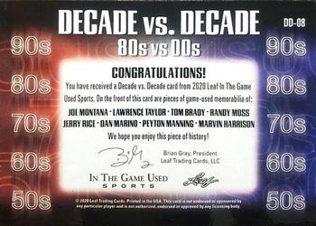 2020 Leaf In The Game Used Sports - Decade VS Decade Relics Navy Blue Foil #DD-08 Joe Montana / Jerry Rice / Lawrence Taylor / Dan Marino / Tom Brady / Peyton Manning / Randy Moss / Marvin Harrison Back