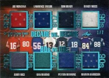 2020 Leaf In The Game Used Sports - Decade VS Decade Relics Platinum Blue Spectrum Foil #DD-08 Joe Montana / Jerry Rice / Lawrence Taylor / Dan Marino / Tom Brady / Peyton Manning / Randy Moss / Marvin Harrison Front