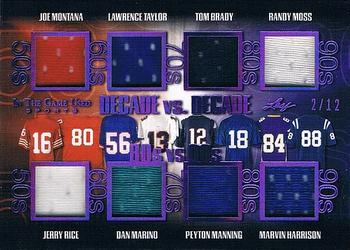 2020 Leaf In The Game Used Sports - Decade VS Decade Relics Purple Spectrum Foil #DD-08 Joe Montana / Jerry Rice / Lawrence Taylor / Dan Marino / Tom Brady / Peyton Manning / Randy Moss / Marvin Harrison Front