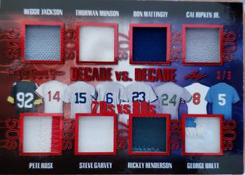 2020 Leaf In The Game Used Sports - Decade VS Decade Relics Red Spectrum Foil #DD-01 Reggie Jackson / Pete Rose / Thurman Munson / Steve Garvey / Don Mattingly / Rickey Henderson / Cal Ripken Jr. / George Brett Front