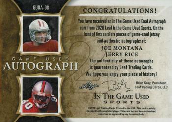 2020 Leaf In The Game Used Sports - In the Game Used Dual Autographs Navy Blue Foil #GUDA-08 Joe Montana / Jerry Rice Back