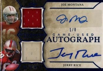 2020 Leaf In The Game Used Sports - In the Game Used Dual Autographs Navy Blue Foil #GUDA-08 Joe Montana / Jerry Rice Front