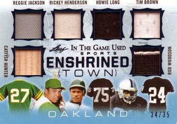 2020 Leaf In The Game Used Sports - Enshrined Town Relics Navy Blue Foil #ET-01 Catfish Hunter / Reggie Jackson / Rickey Henderson / Howie Long / Tim Brown / Rod Woodson Front