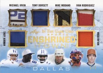2020 Leaf In The Game Used Sports - Enshrined Town Relics Gold Spectrum Foil #ET-03 Troy Aikman / Michael Irvin / Tony Dorsett / Mike Modano / Ivan Rodriguez / Nolan Ryan Front