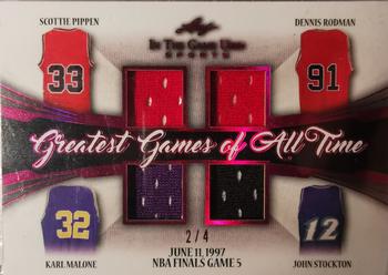 2020 Leaf In The Game Used Sports - Greatest Games of All-Time Relics Magenta Spectrum Foil #GGAT-14 Scottie Pippen / Dennis Rodman / Karl Malone / John Stockton Front