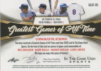 2020 Leaf In The Game Used Sports - Greatest Games of All-Time Relics Platinum Blue Spectrum Foil #GGAT-05 Bill Buckner / Wade Boggs / Mookie Wilson / Gary Carter Back