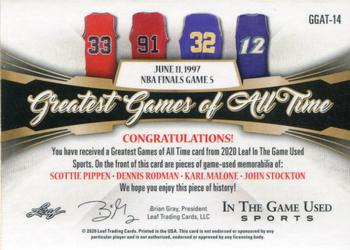 2020 Leaf In The Game Used Sports - Greatest Games of All-Time Relics Purple Spectrum Foil #GGAT-14 Scottie Pippen / Dennis Rodman / Karl Malone / John Stockton Back