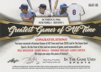 2020 Leaf In The Game Used Sports - Greatest Games of All-Time Relics Silver Spectrum Foil #GGAT-05 Bill Buckner / Wade Boggs / Mookie Wilson / Gary Carter Back