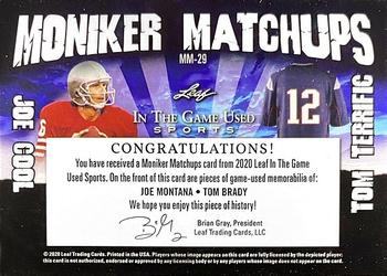 2020 Leaf In The Game Used Sports - Moniker Matchups Relics Navy Blue Foil #MM-29 Joe Montana / Tom Brady Back