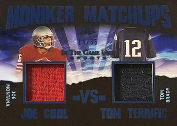 2020 Leaf In The Game Used Sports - Moniker Matchups Relics Navy Blue Foil #MM-29 Joe Montana / Tom Brady Front