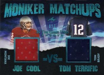 2020 Leaf In The Game Used Sports - Moniker Matchups Relics Platinum Blue Spectrum Foil #MM-29 Joe Montana / Tom Brady Front