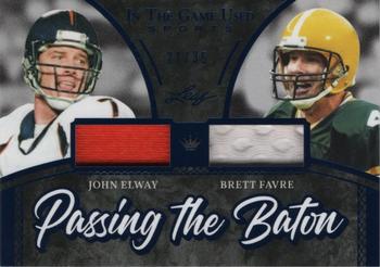 2020 Leaf In The Game Used Sports - Passing The Baton Relics Navy Blue Foil #PTB-05 John Elway / Brett Favre Front