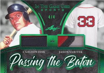 2020 Leaf In The Game Used Sports - Passing The Baton Relics Emerald Foil #PTB-11 Carlton Fisk / Jason Varitek Front