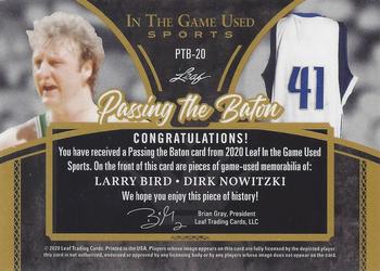 2020 Leaf In The Game Used Sports - Passing The Baton Relics Platinum Blue Spectrum Foil #PTB-20 Larry Bird / Dirk Nowitzki Back