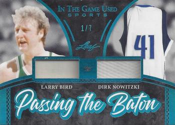 2020 Leaf In The Game Used Sports - Passing The Baton Relics Platinum Blue Spectrum Foil #PTB-20 Larry Bird / Dirk Nowitzki Front