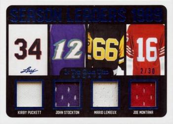 2020 Leaf In The Game Used Sports - Season Leaders Relics Navy Blue Foil #SL-07 Kirby Puckett / John Stockton / Mario Lemieux / Joe Montana Front