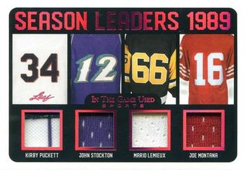2020 Leaf In The Game Used Sports - Season Leaders Relics Magenta Spectrum Foil #SL-07 Kirby Puckett / John Stockton / Mario Lemieux / Joe Montana Front