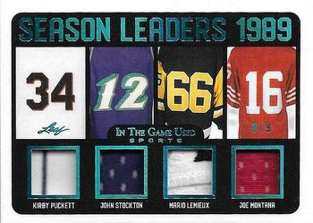 2020 Leaf In The Game Used Sports - Season Leaders Relics Platinum Blue Spectrum Foil #SL-07 Kirby Puckett / John Stockton / Mario Lemieux / Joe Montana Front