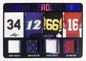 2020 Leaf In The Game Used Sports - Season Leaders Relics Purple Spectrum Foil #SL-07 Kirby Puckett / John Stockton / Mario Lemieux / Joe Montana Front