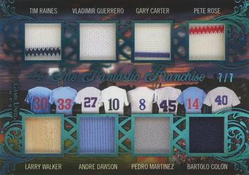 2020 Leaf In The Game Used Sports - The Fantastic Franchise Relics Platinum Blue #TFF-03 Tim Raines / Larry Walker / Vladimir Guerrero / Andre Dawson / Gary Carter / Pedro Martinez / Pete Rose / Bartolo Colon Front