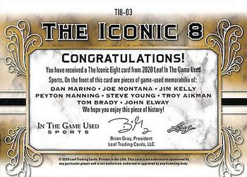 2020 Leaf In The Game Used Sports - The Iconic 8 Relics Navy Blue Foil #TI8-03 Dan Marino / Joe Montana / Jim Kelly / Peyton Manning / Steve Young / Troy Aikman / Tom Brady / John Elway Back