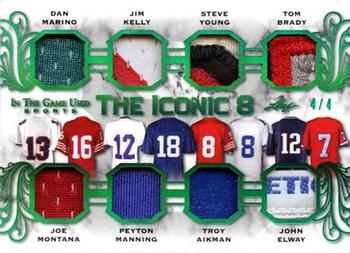 2020 Leaf In The Game Used Sports - The Iconic 8 Relics Emerald Foil #TI8-03 Dan Marino / Joe Montana / Jim Kelly / Peyton Manning / Steve Young / Troy Aikman / Tom Brady / John Elway Front