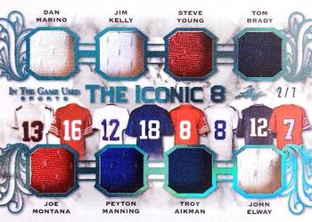 2020 Leaf In The Game Used Sports - The Iconic 8 Relics Platinum Blue Spectrum Foil #TI8-03 Dan Marino / Joe Montana / Jim Kelly / Peyton Manning / Steve Young / Troy Aikman / Tom Brady / John Elway Front