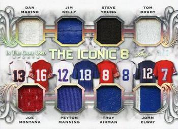 2020 Leaf In The Game Used Sports - The Iconic 8 Relics Silver Spectrum Foil #TI8-03 Dan Marino / Joe Montana / Jim Kelly / Peyton Manning / Steve Young / Troy Aikman / Tom Brady / John Elway Front