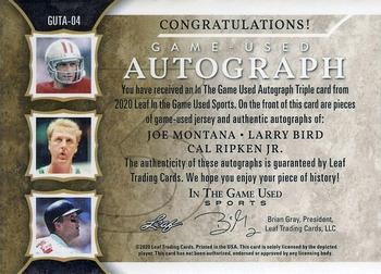 2020 Leaf In The Game Used Sports - In The Game Used Triple Autographs Navy Blue Foil #GUTA-04 Joe Montana / Larry Bird / Cal Ripken Jr. Back