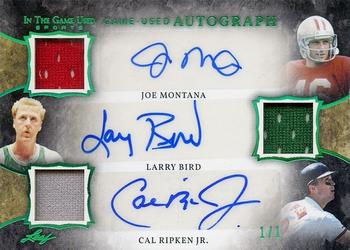 2020 Leaf In The Game Used Sports - In The Game Used Triple Autographs Emerald Foil #GUTA-04 Joe Montana / Larry Bird / Cal Ripken Jr. Front